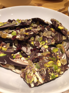 Pistachio, ginger, and cranberry chocolate bark