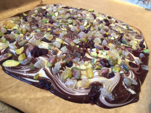 Pistachio, ginger, and cranberry chocolate bark