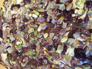 Pistachio, ginger, and cranberry chocolate bark