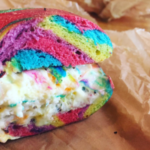 Rainbow bagel at the Brooklyn Bagel Company